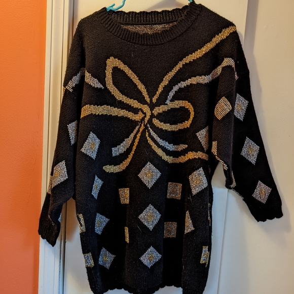 Vintage Black Ugly Sweater Gold Silver Bow Oversize Metallic 🎀 - Picture 1 of 4